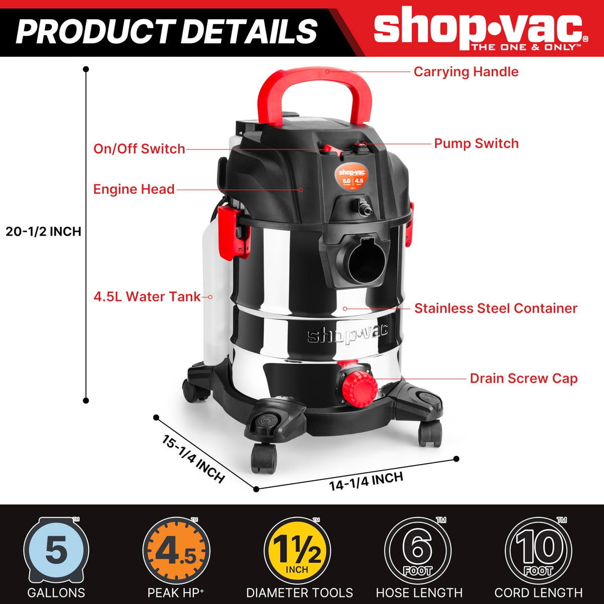 5-Gallon 4.5 Peak HP Wet/Dry Vacuum R214