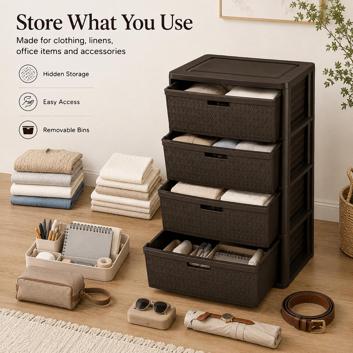 4 Drawer Brown Plastic Storage Tower N68664