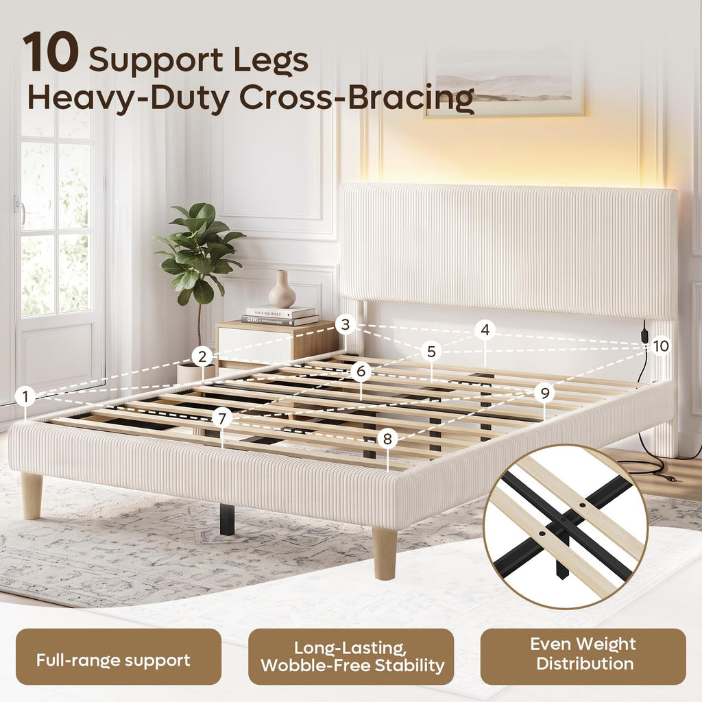 Queen Bed Frame with Headboard LED Lighting, Upholstered, Beige E22715