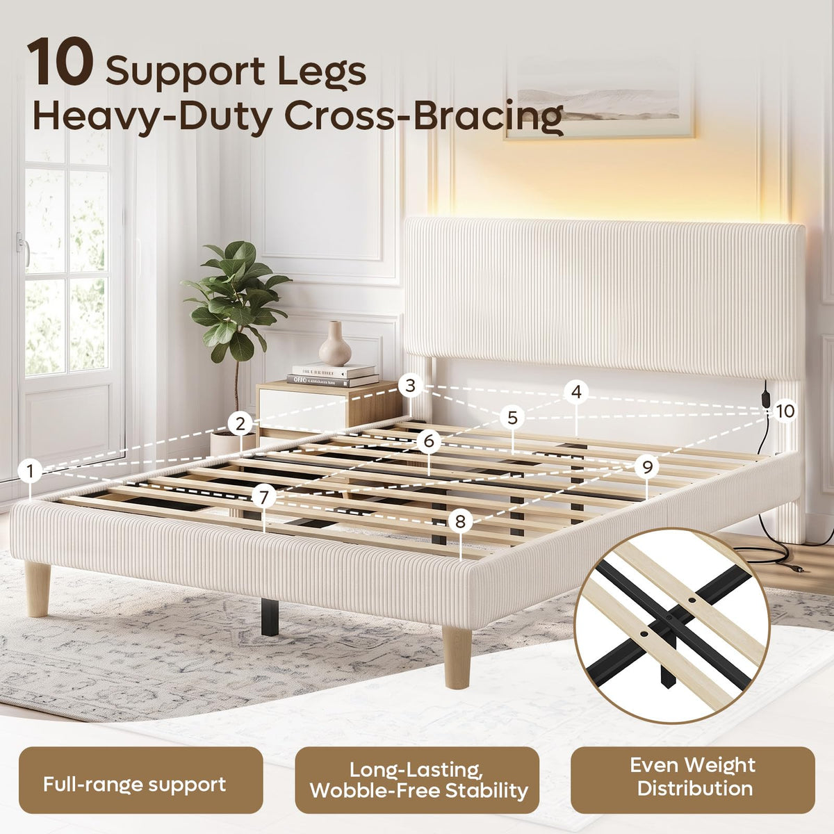 Queen Bed Frame with Headboard LED Lighting, Upholstered, Beige E22715
