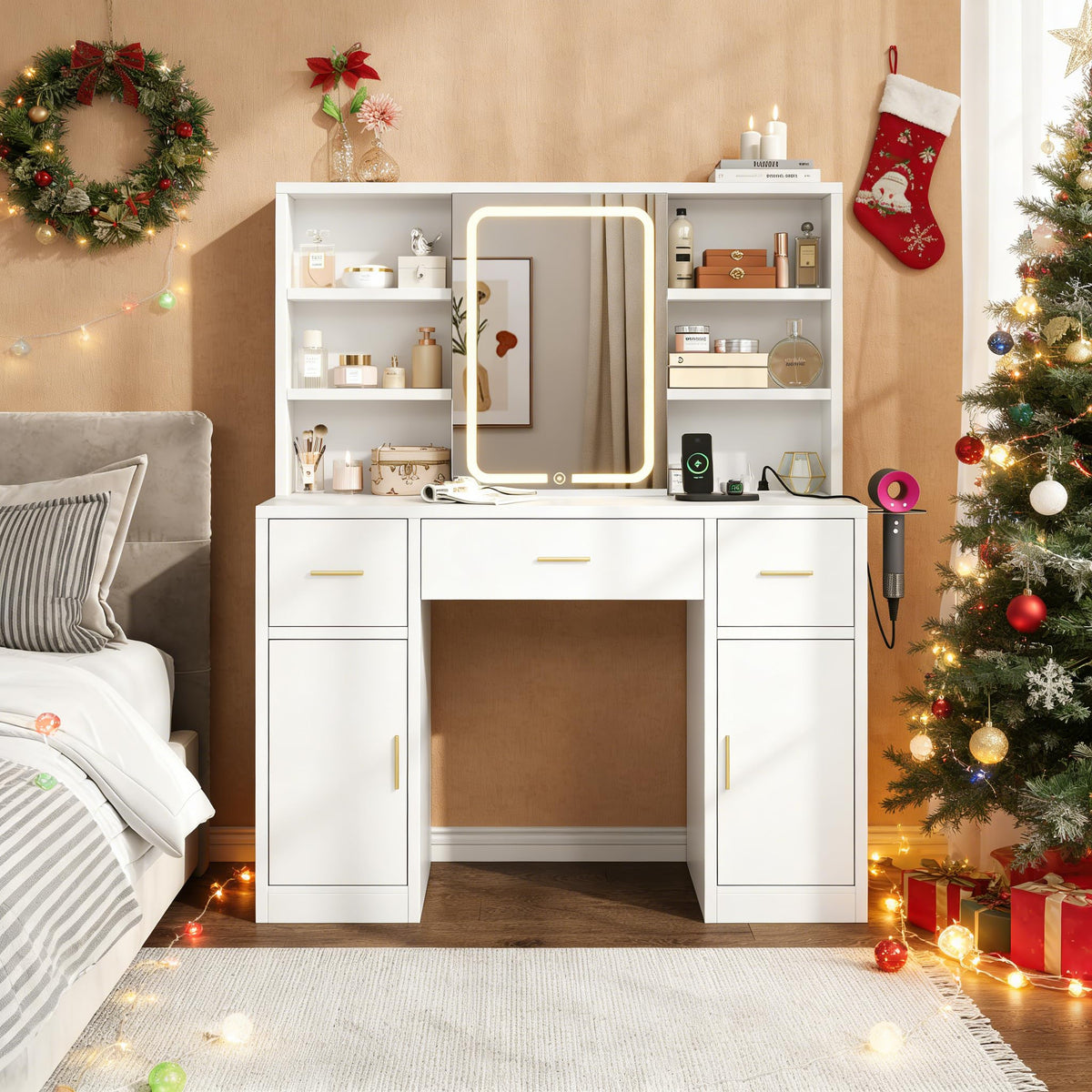 White Vanity Desk with Sliding Mirror and LED Lights E45944