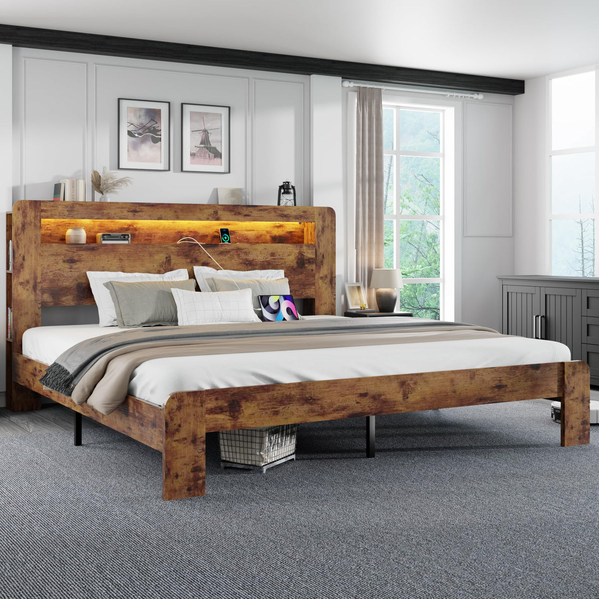 King Size Wooden Bed Frame with Storage Headboard and LED Lights J787735