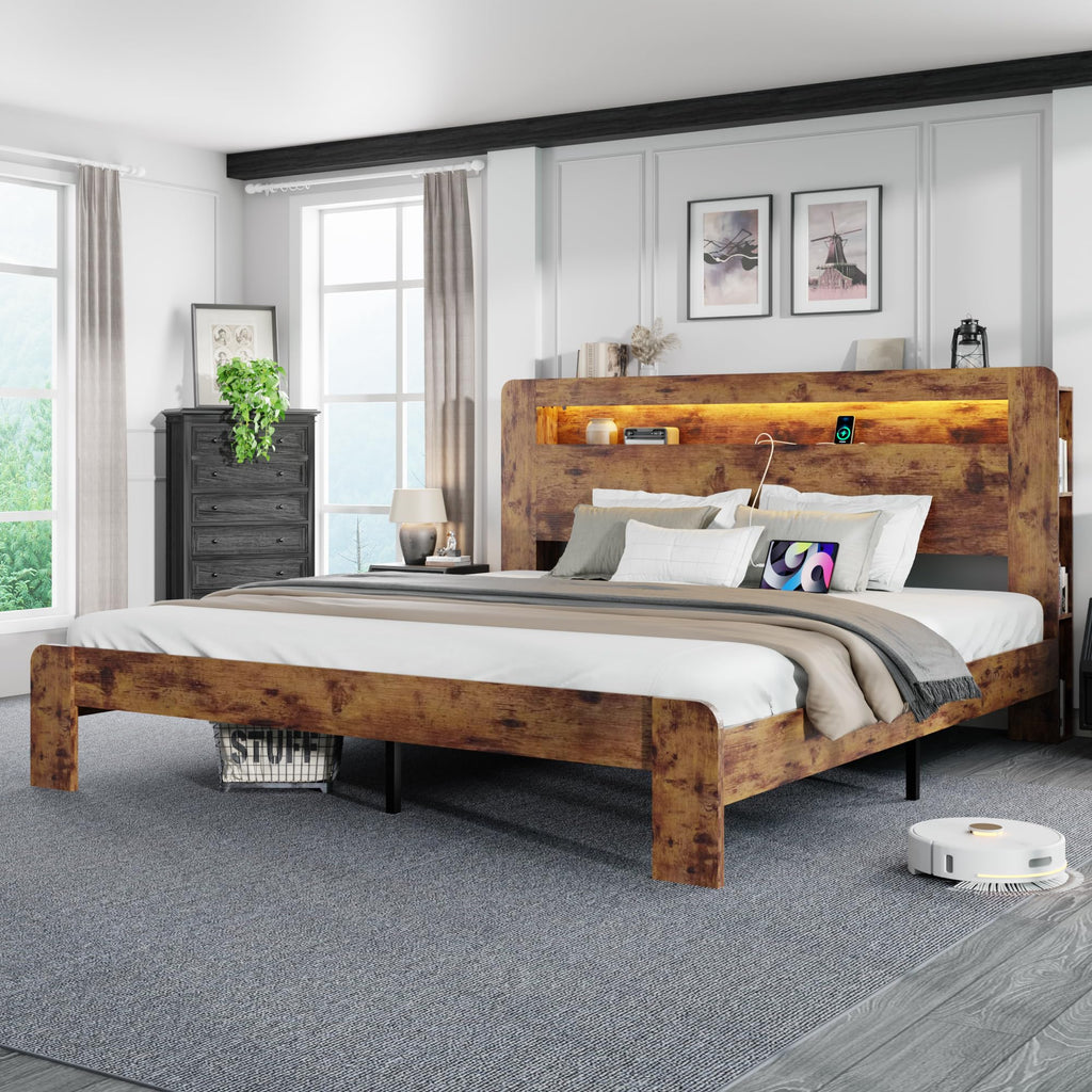 King Size Wooden Bed Frame with Storage Headboard and LED Lights J787735