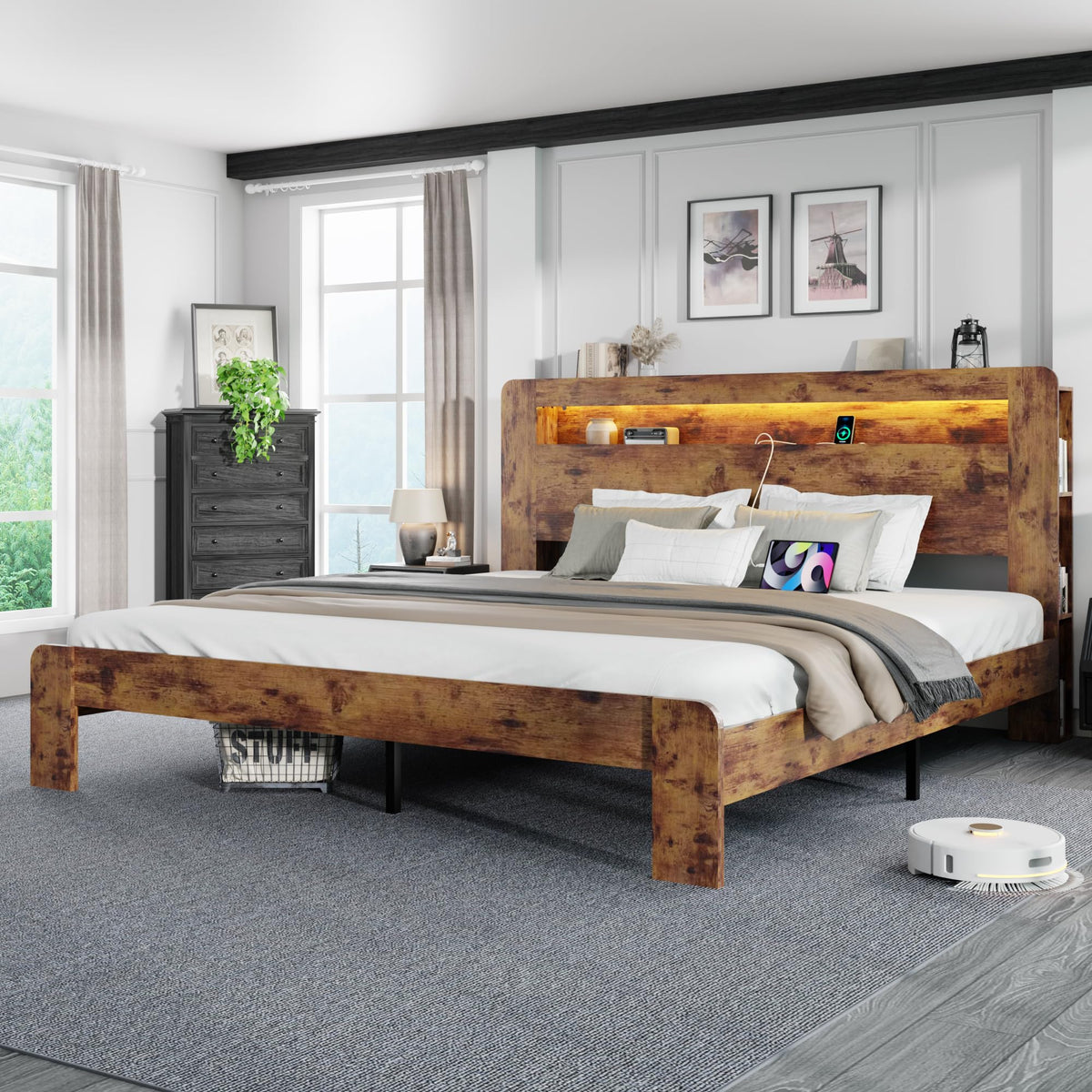 King Size Wooden Bed Frame with Storage Headboard and LED Lights J787735
